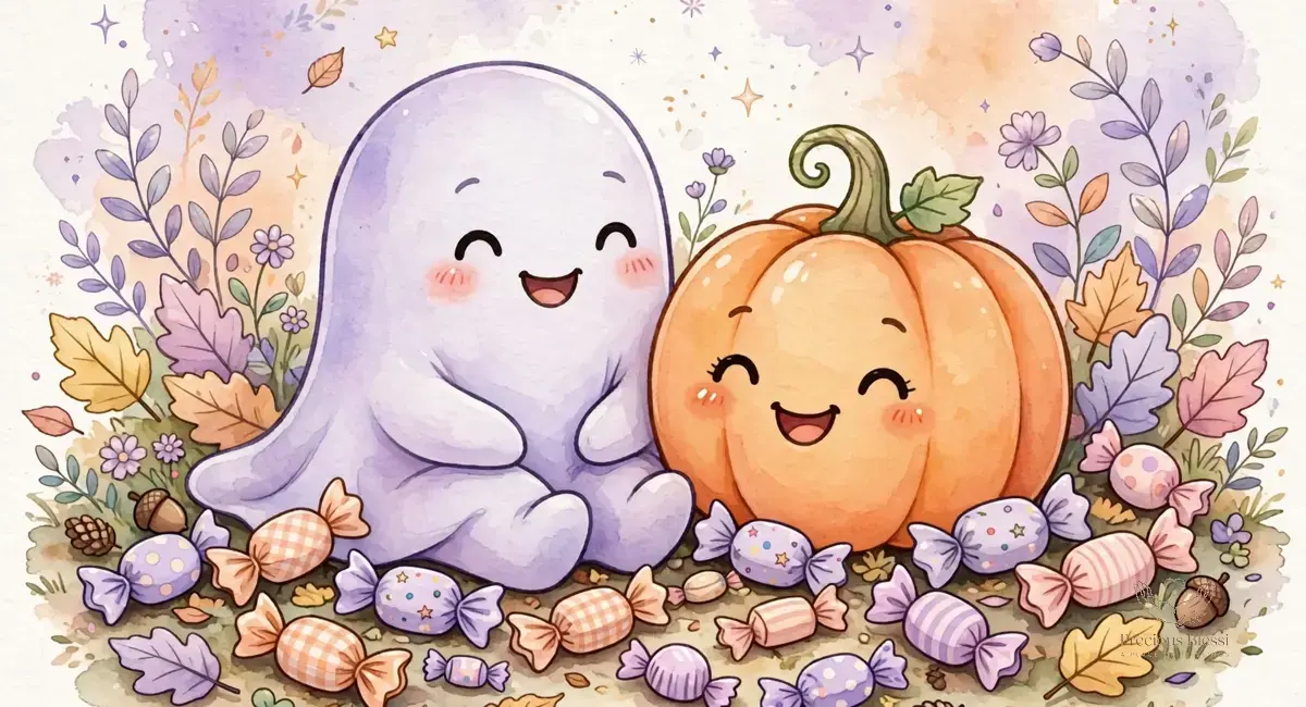 Cute happy Halloween wishes — smiling ghost and pumpkin illustration