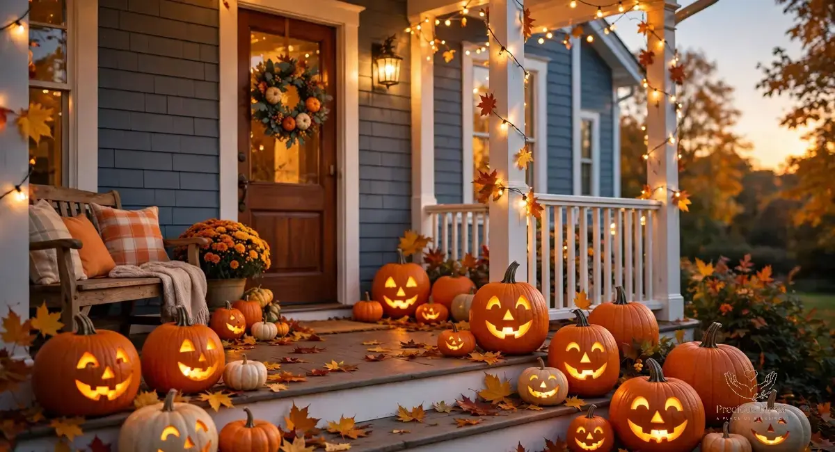 Happy Halloween wishes — glowing jack-o'-lanterns on a cozy decorated porch at dusk