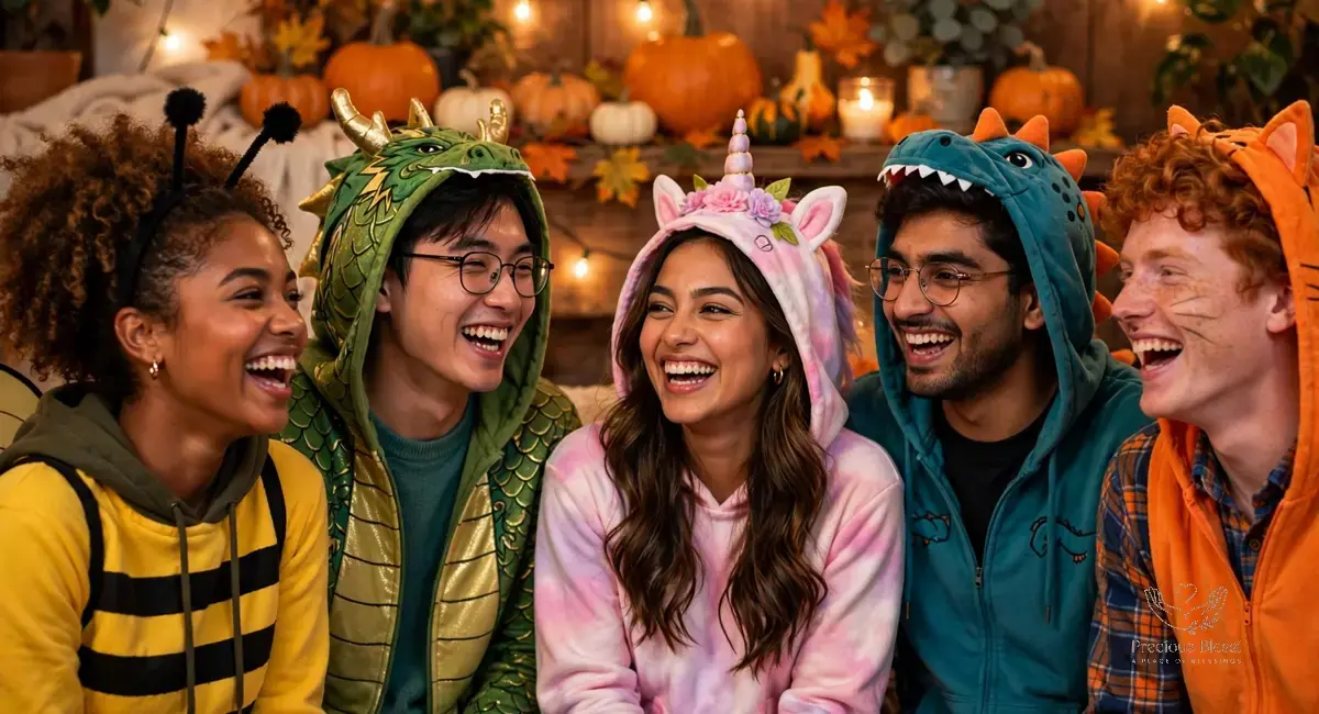 Happy Halloween wishes for friends — friends laughing in costumes at a Halloween party