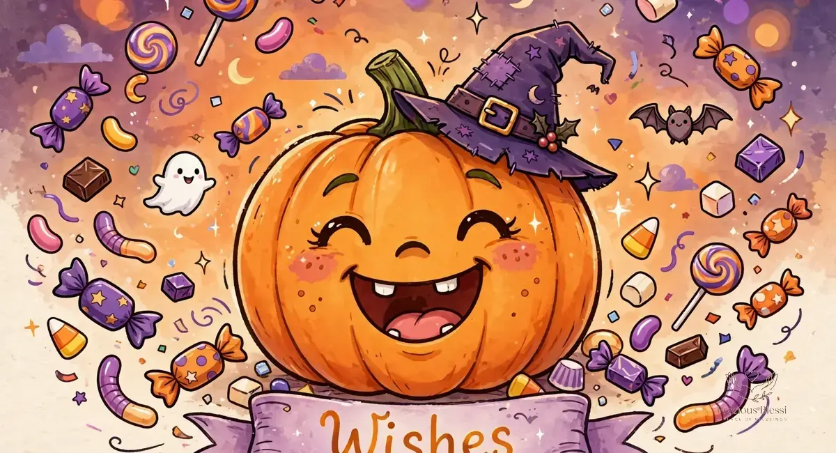 Funny happy Halloween wishes — giggling pumpkin wearing a tiny witch hat with candy