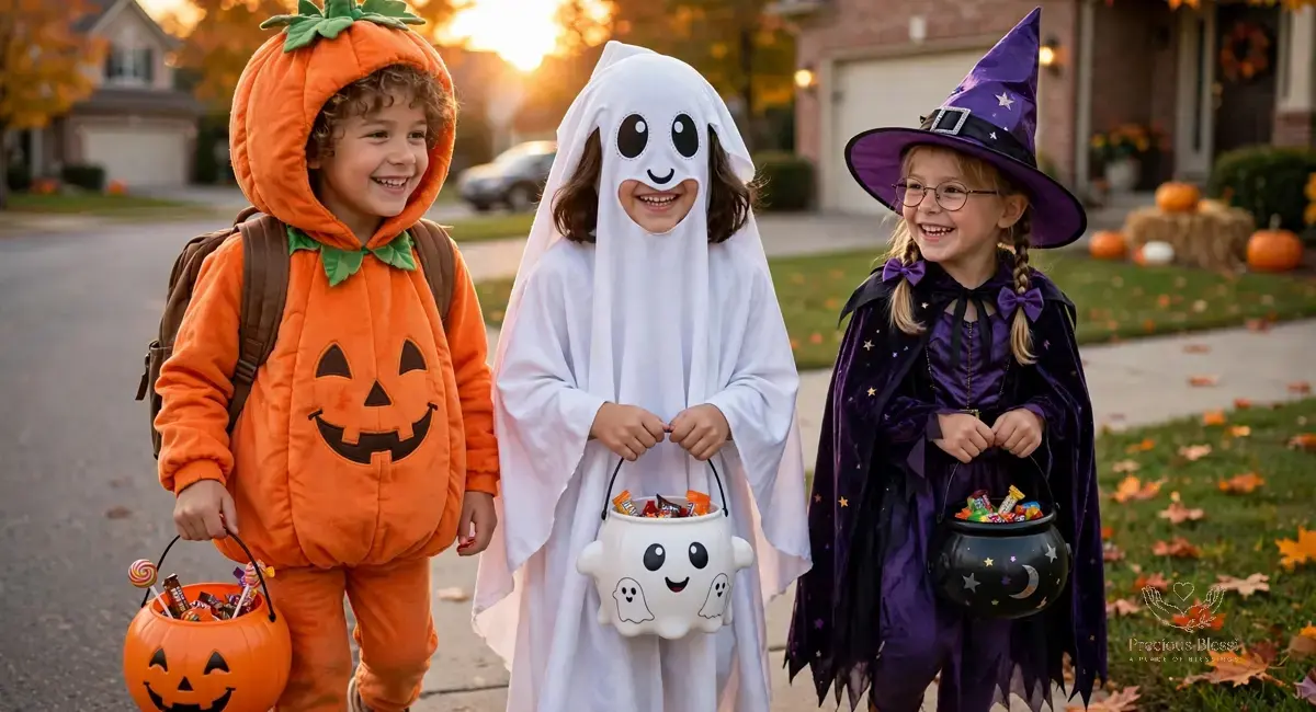 Happy Halloween wishes for kids — children in cute costumes trick-or-treating at sunset