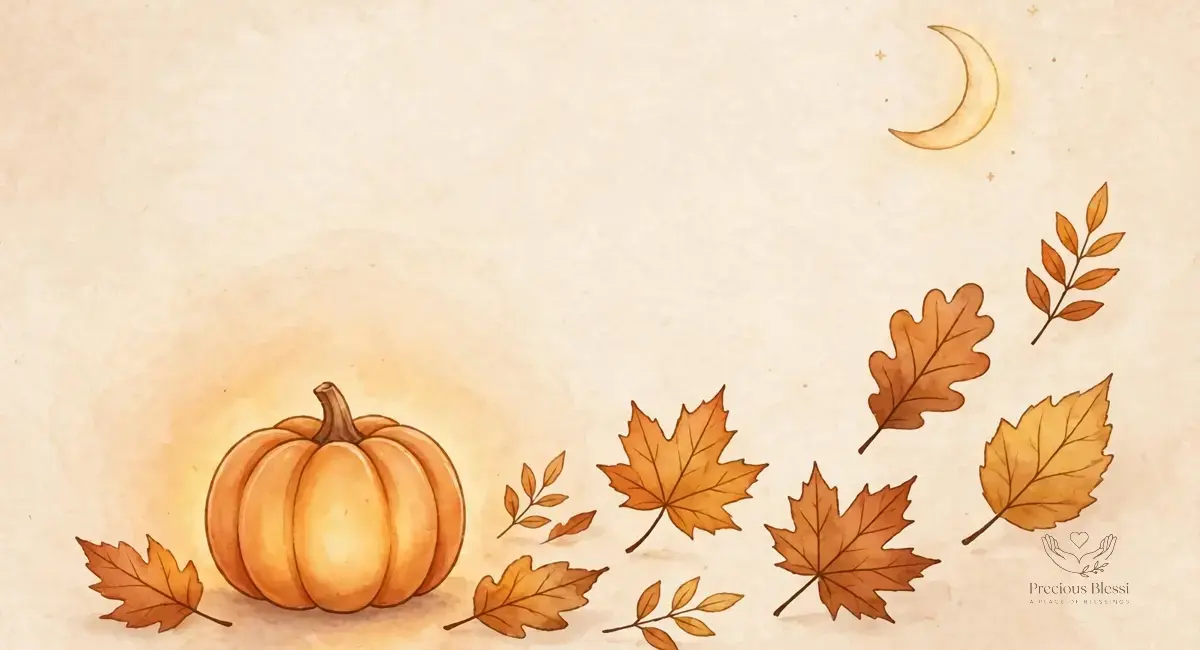 Short happy Halloween wishes — glowing pumpkin with autumn leaves and crescent moon