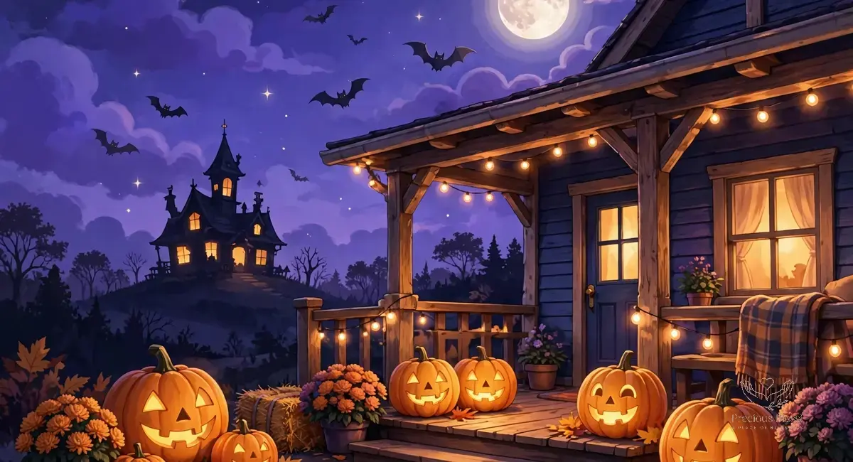 Spooky happy Halloween wishes — friendly haunted house with jack-o-lanterns under a full moon