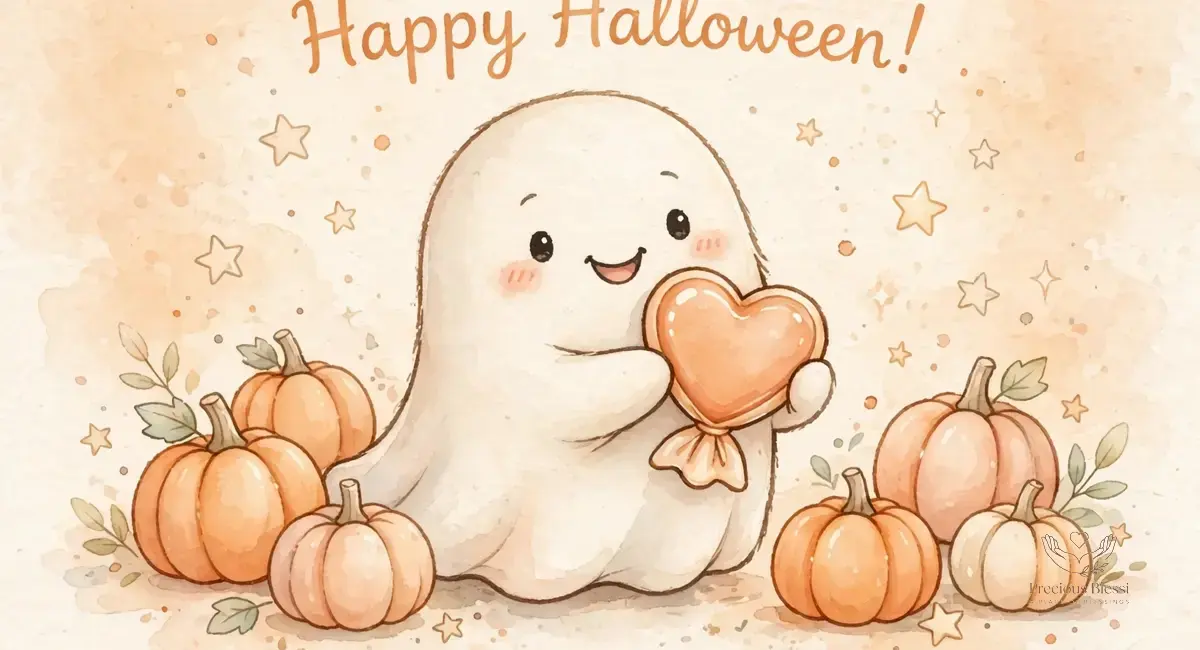 Sweet happy Halloween greetings — cute ghost holding a heart-shaped candy