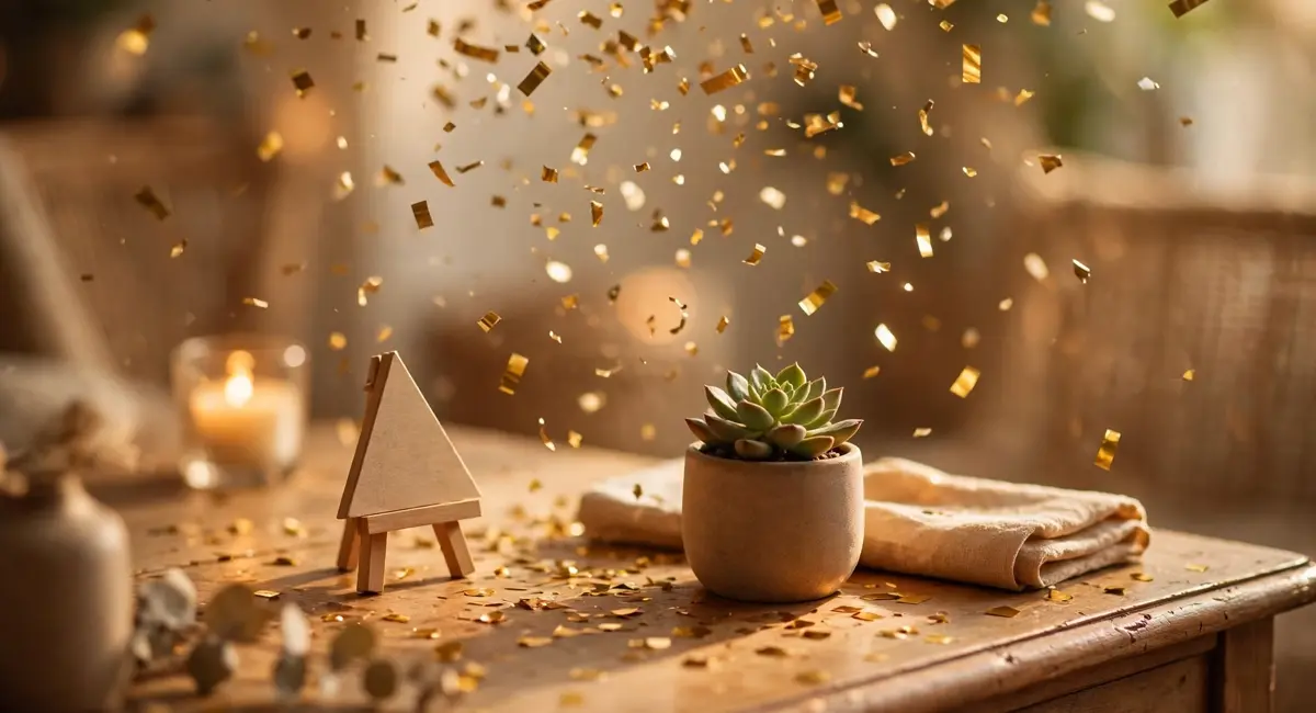 Good luck wishes for new business — golden confetti over a celebration desk