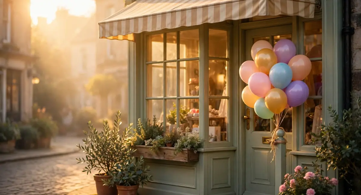 Good luck wishes for new business — charming boutique storefront at golden sunrise