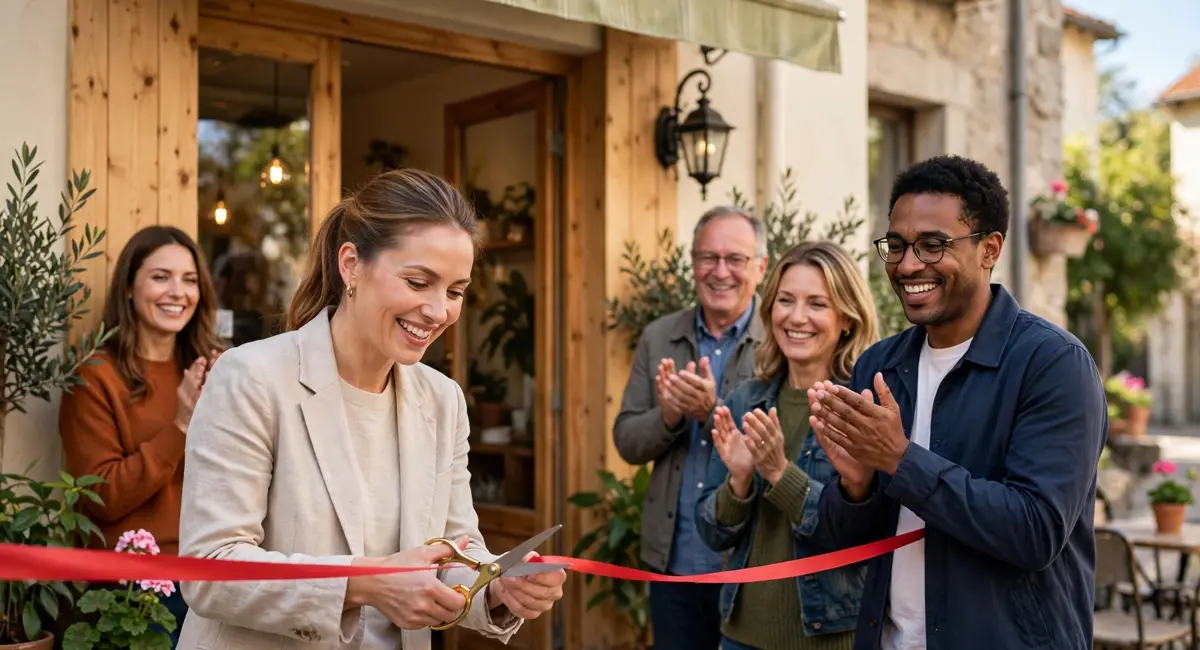 Good luck wishes for new business — ribbon-cutting at a grand opening