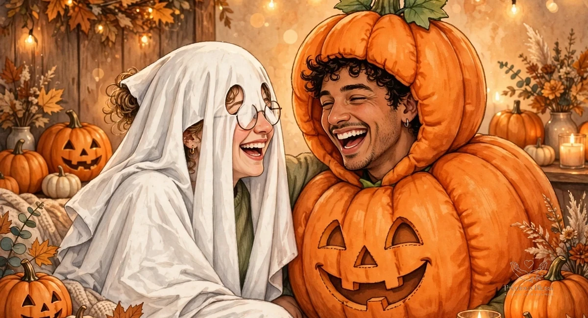 Funny halloween wishes for best friends — two friends in silly ghost and pumpkin costumes laughing at a party