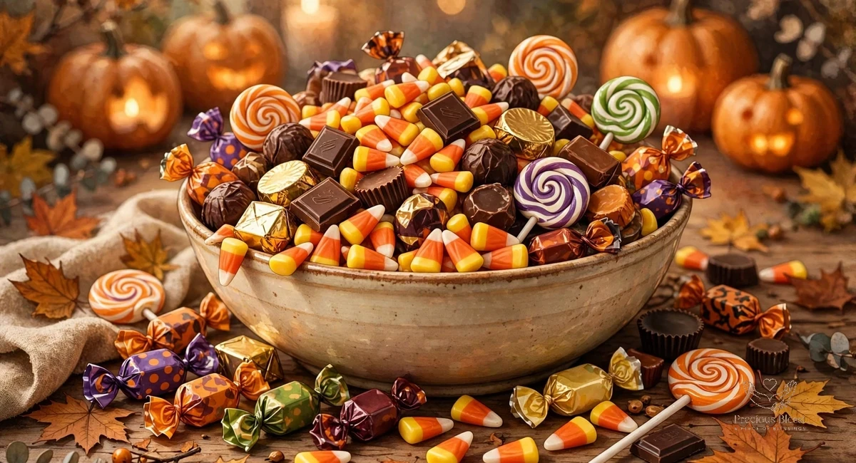 Funny halloween wishes for friends — big overflowing bowl of Halloween candy in a warm golden glow