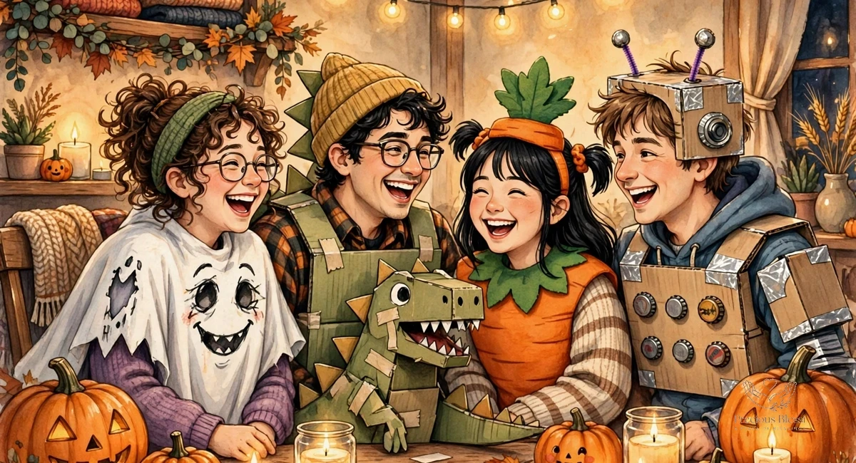 Funny halloween wishes for friends — group of friends showing off funny homemade Halloween costumes