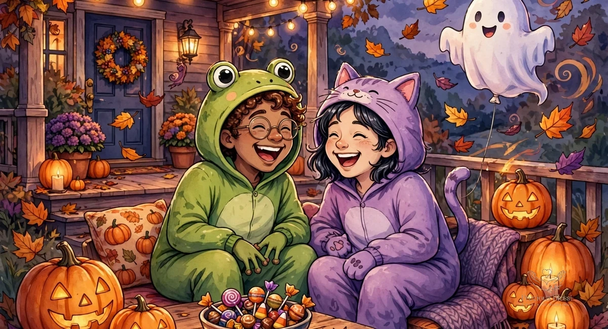 Funny halloween wishes for friends — glowing jack-o'-lanterns and friends in silly costumes on a decorated porch at dusk