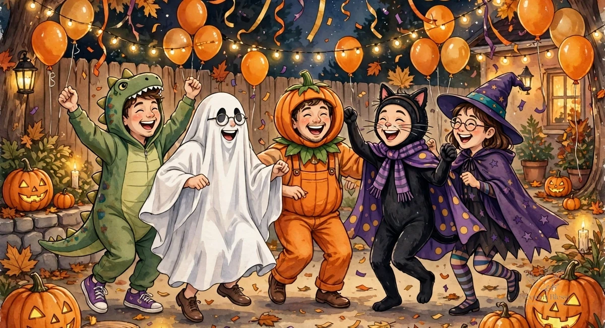Funny halloween wishes for friends — lively Halloween party with friends in funny costumes dancing