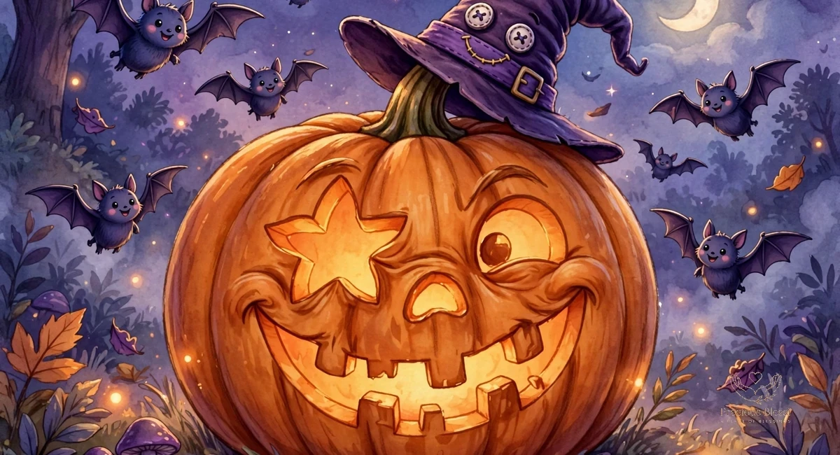Funny halloween wishes for friends — grinning jack-o'-lantern pumpkin with friendly bats and a playful witch hat