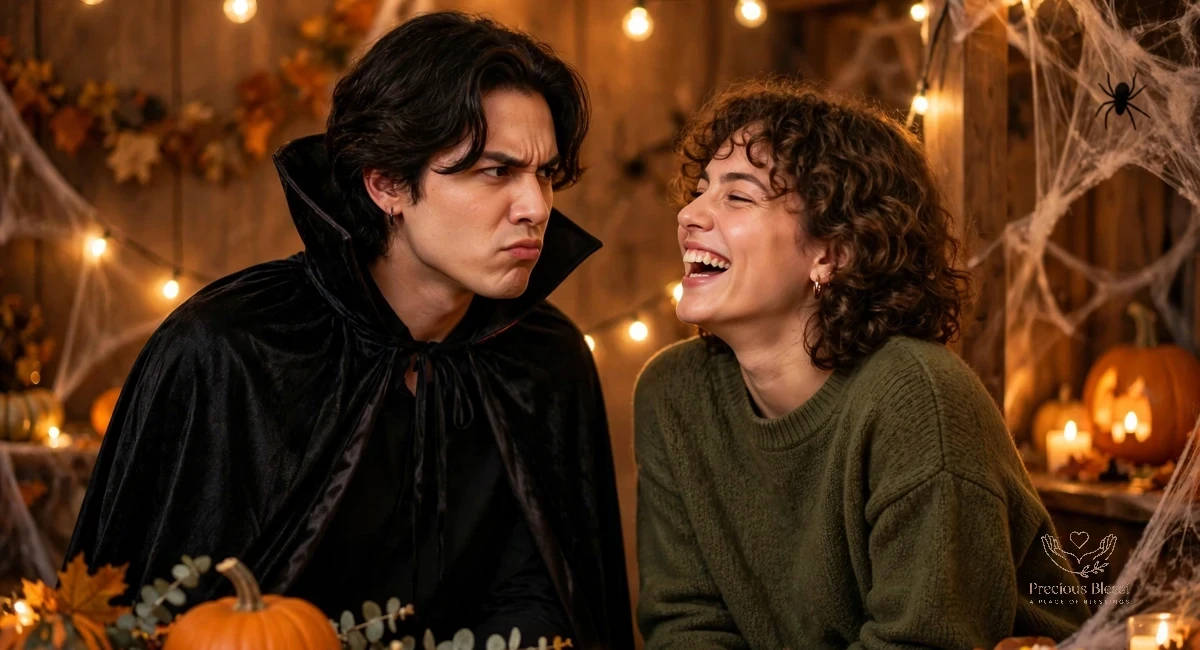 Funny halloween wishes for friends — friends playfully teasing each other at a warmly lit Halloween party