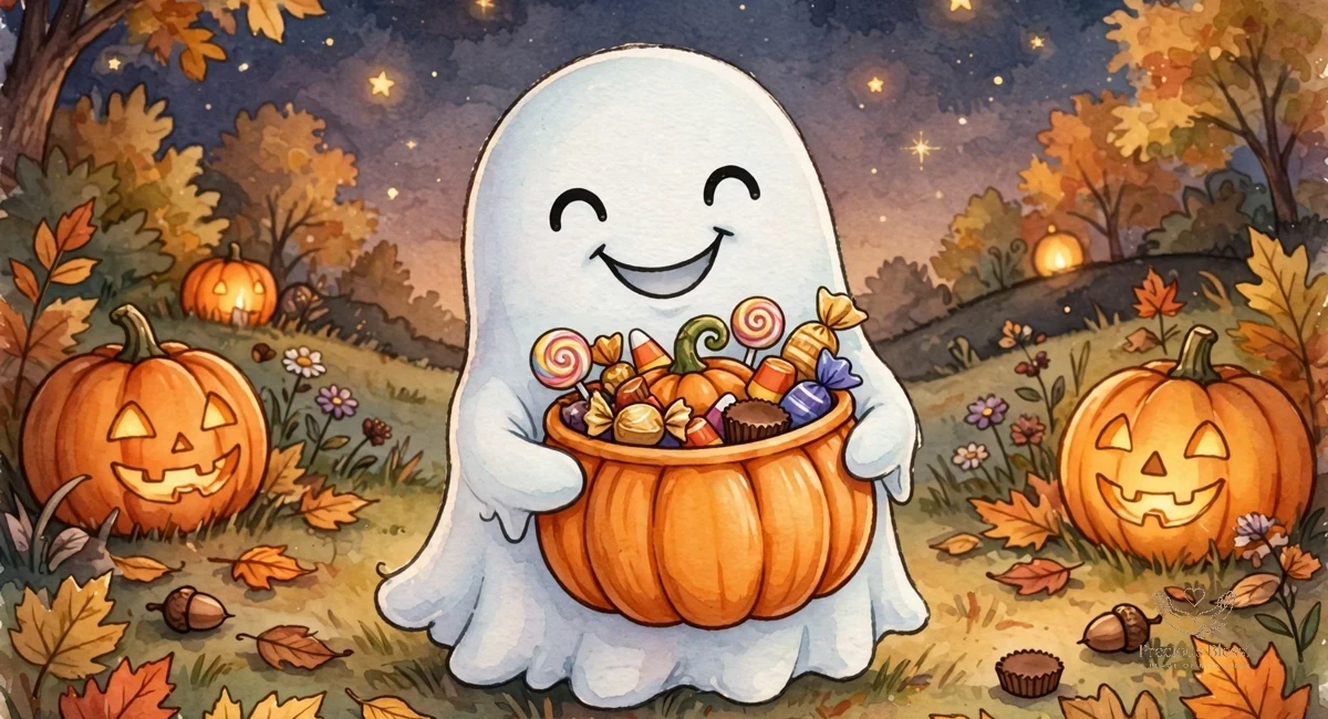 Funny halloween wishes for friends — cute little ghost holding a pumpkin candy bucket on a warm autumn night