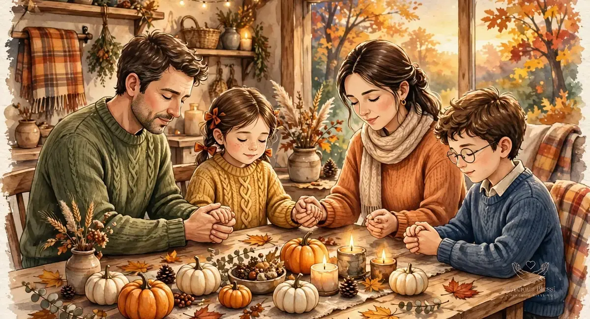 Halloween blessings and prayers for family — family praying together around an autumn table