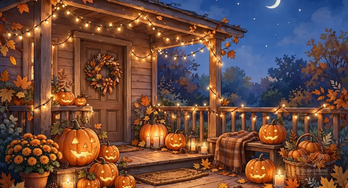 Halloween blessings and prayers — glowing jack-o'-lanterns on a cozy decorated porch at dusk