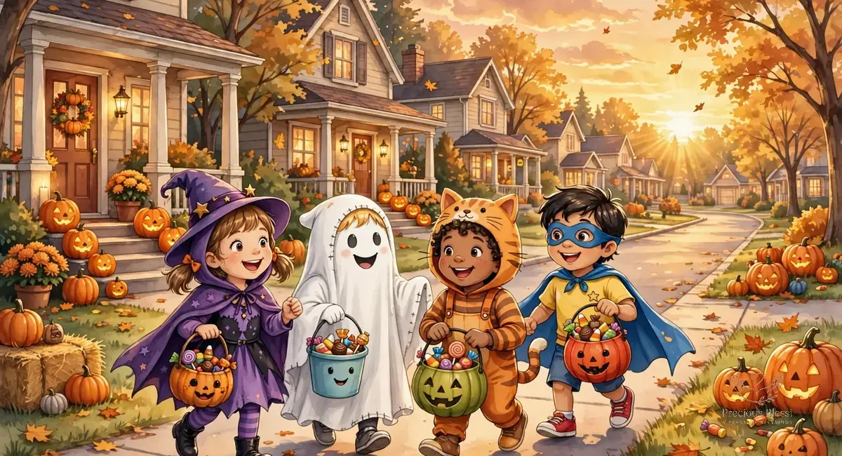 Halloween blessings and prayers for children — happy kids in cute costumes trick-or-treating at sunset