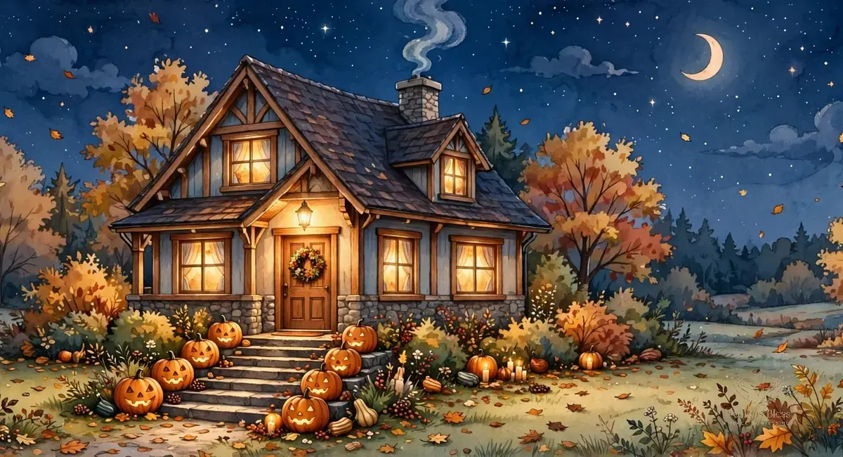 Halloween blessings and prayers for safety and protection — cozy home with glowing windows on a starry night