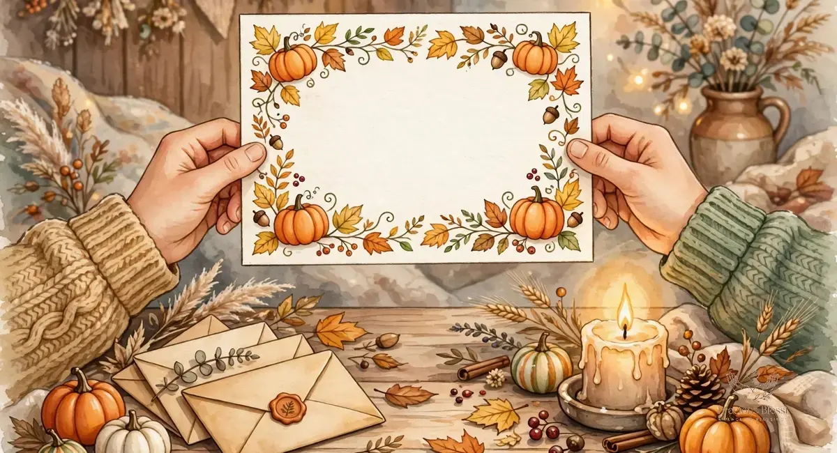 Short halloween blessings and prayers — hands holding an autumn greeting card with pumpkins