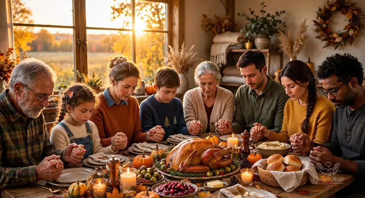 Thanksgiving wishes for family — happy family holding hands in prayer around a warm Thanksgiving dinner table