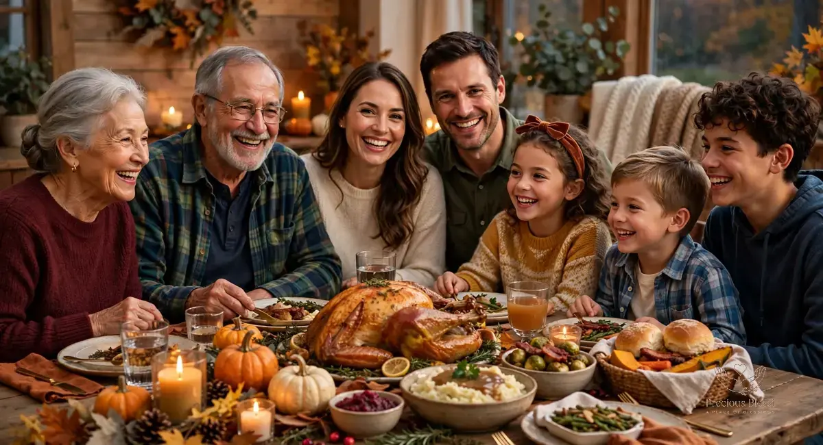 Heartfelt Thanksgiving wishes for family — smiling family gathered around a harvest dinner table with autumn decor
