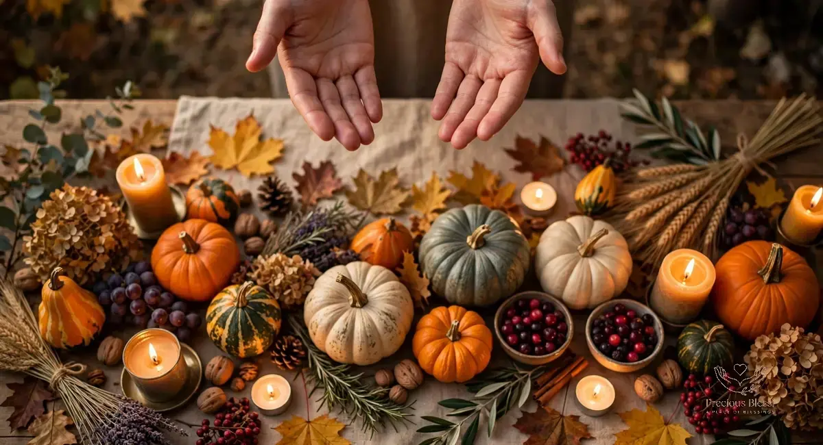 Thanksgiving blessings for family — open hands in gratitude over a harvest table with pumpkins, candles and autumn leaves