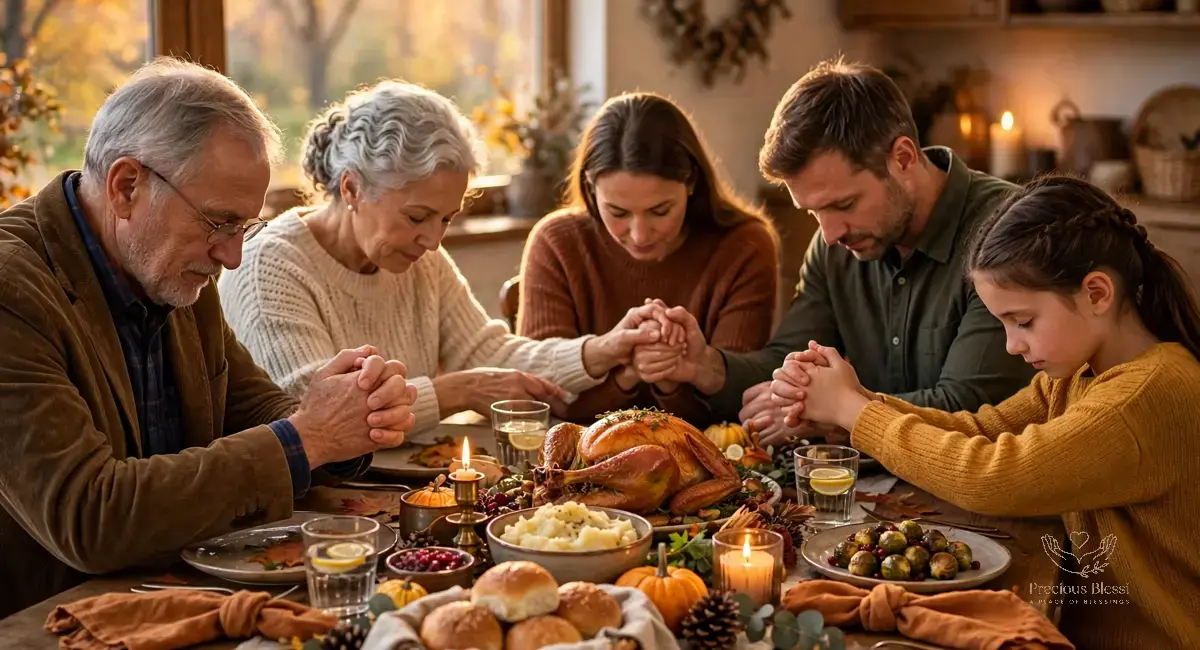 Thanksgiving prayers for family — family holding hands and bowing heads in prayer at the dinner table