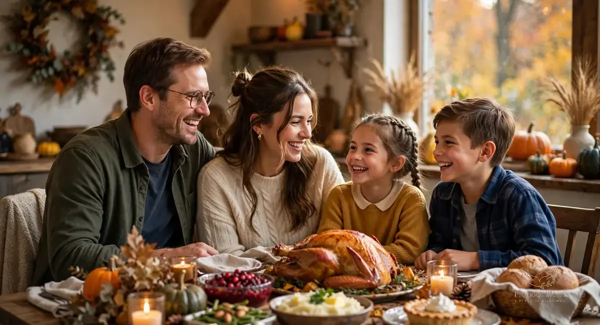 Short Thanksgiving wishes for family — handwritten thanksgiving card with autumn leaves and pumpkins