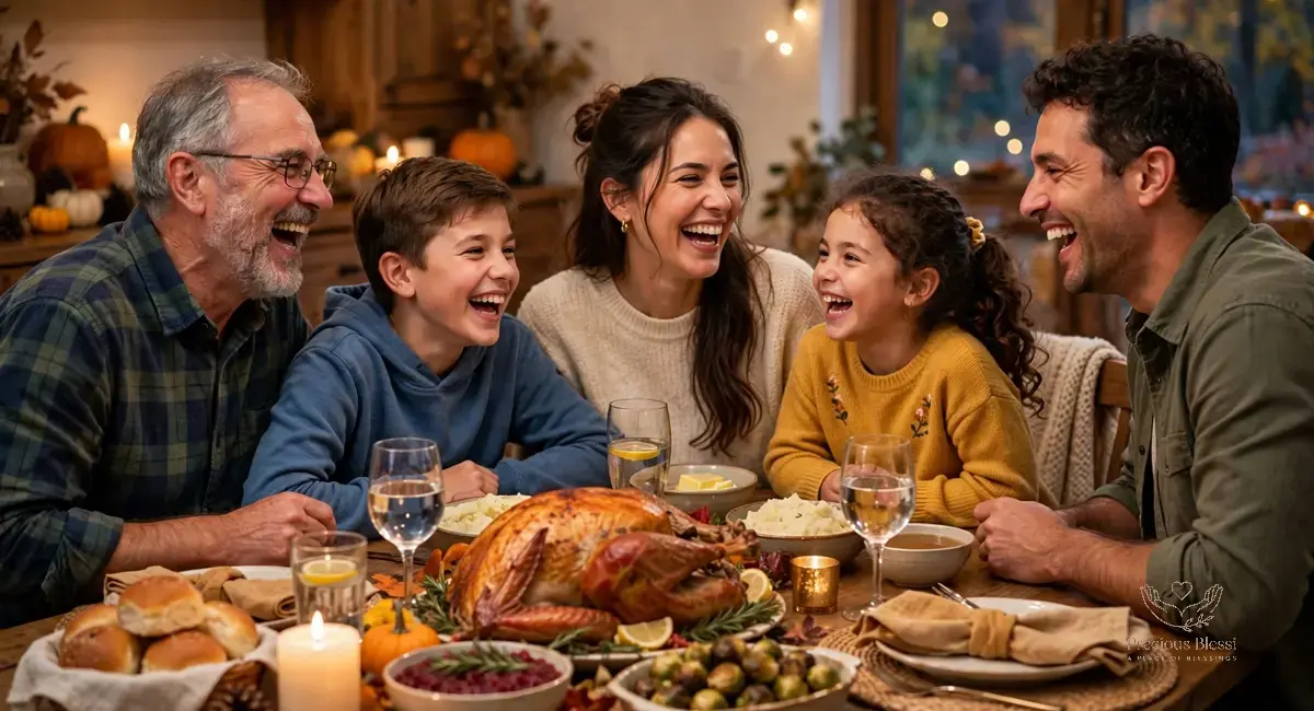 Funny Thanksgiving wishes for family — laughing family sharing a joyful moment at the thanksgiving table