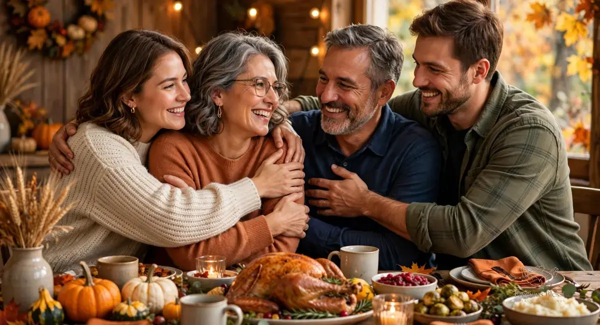 Thanksgiving wishes for mom and dad — adult children hugging their parents on thanksgiving day