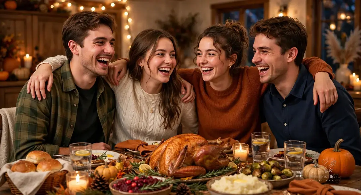 Thanksgiving wishes for brothers and sisters — siblings smiling together at the thanksgiving feast