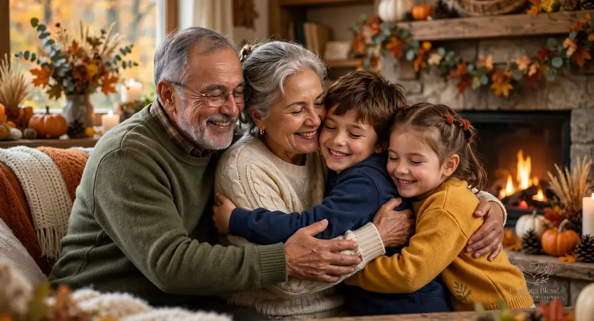 Thanksgiving wishes for grandparents and extended family — grandparents with grandchildren around a festive table
