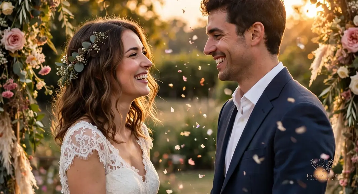 Wedding wishes for brother — joyful newlywed couple holding hands under a floral wedding arch at golden hour