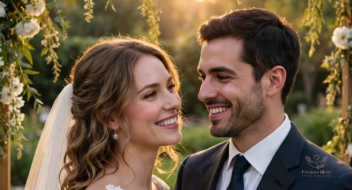 Wedding wishes for brother and his beautiful bride — elegant bride and groom smiling under a white floral arch