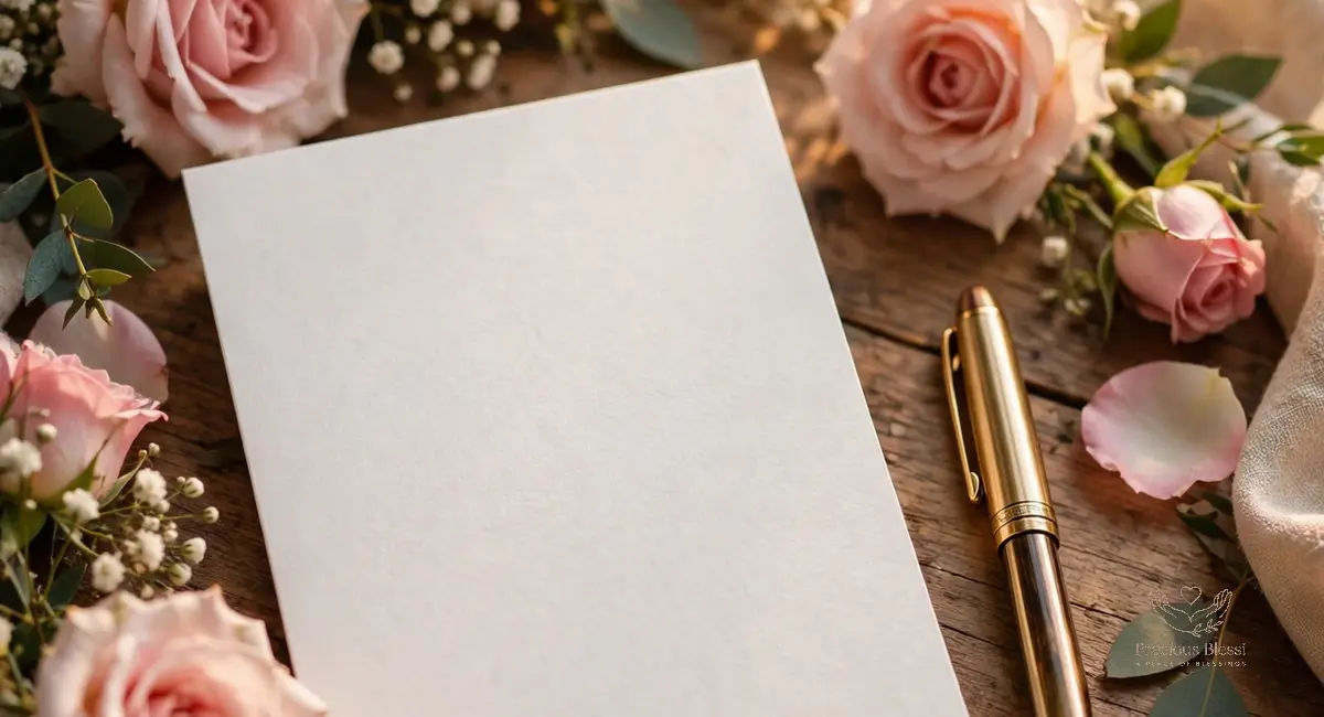 Short wedding wishes for brother — a beautiful wedding greeting card with a pen and pink roses on a wooden table