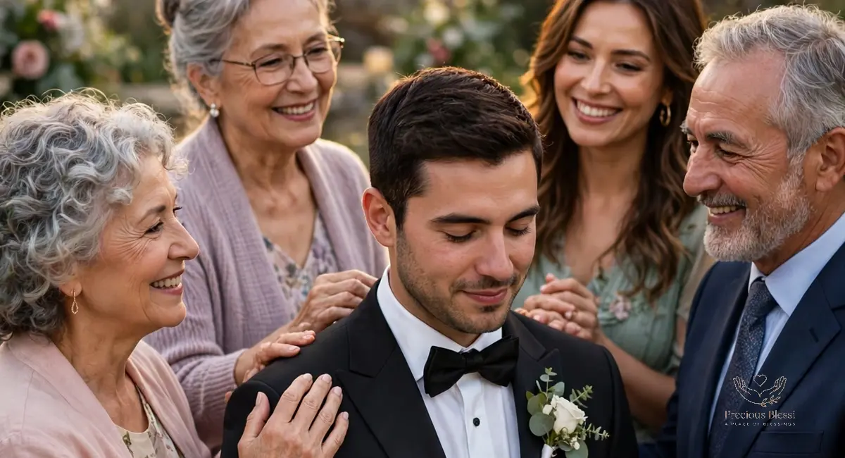 Wedding wishes for elder brother — dignified groom receiving warm blessings from smiling family members