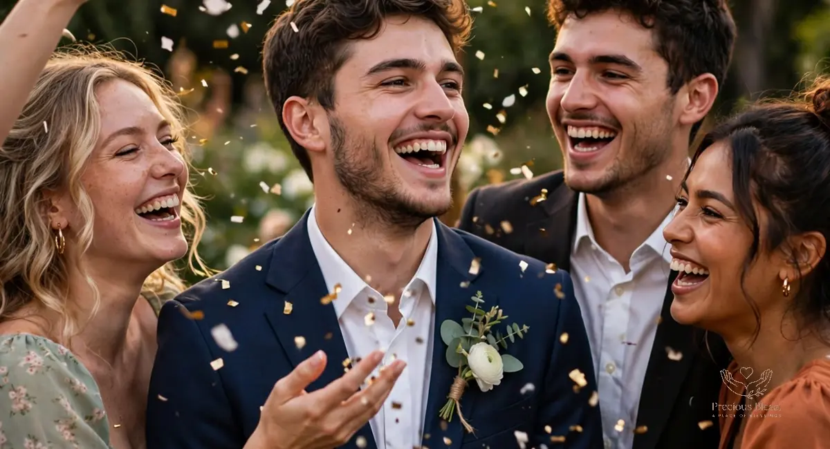 Wedding wishes for younger brother — happy young groom celebrating with confetti and friends