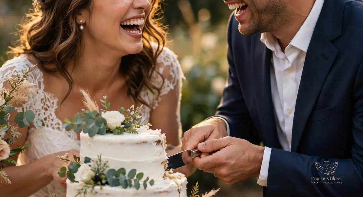 Funny wedding wishes for brother — laughing couple playfully cutting a wedding cake together