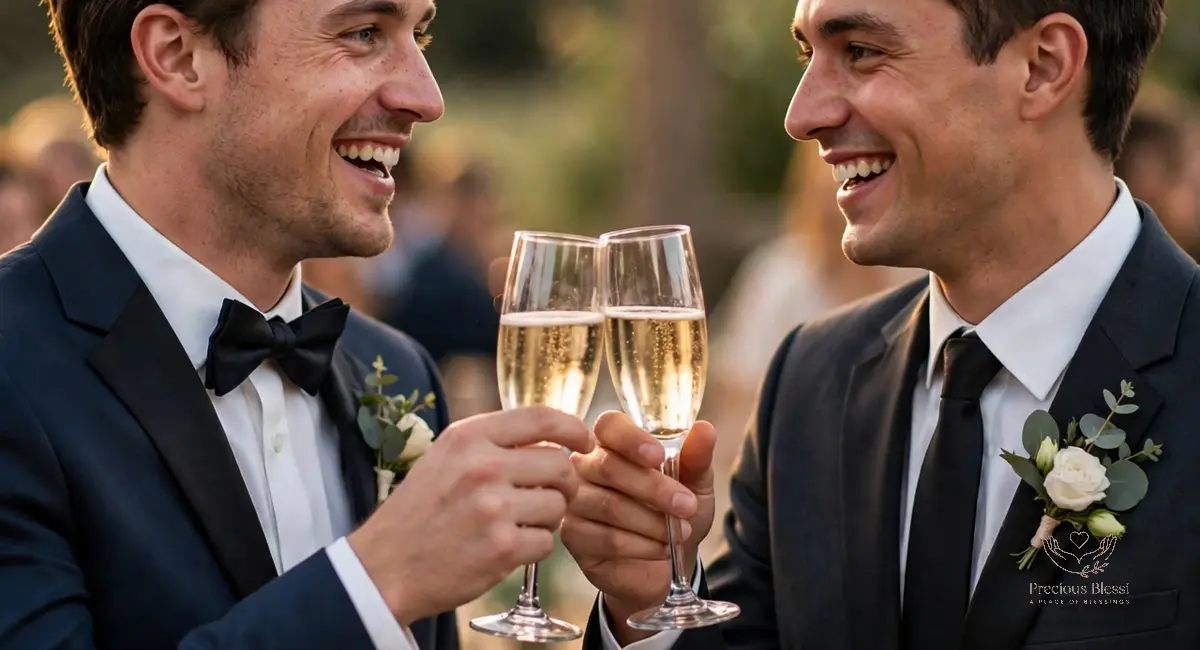 Wedding wishes for brother from his brother — two brothers raising champagne glasses in a toast at a reception