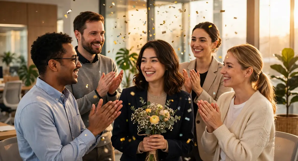 Congratulations wishes on promotion — joyful office colleagues applauding a newly promoted employee with flowers and confetti