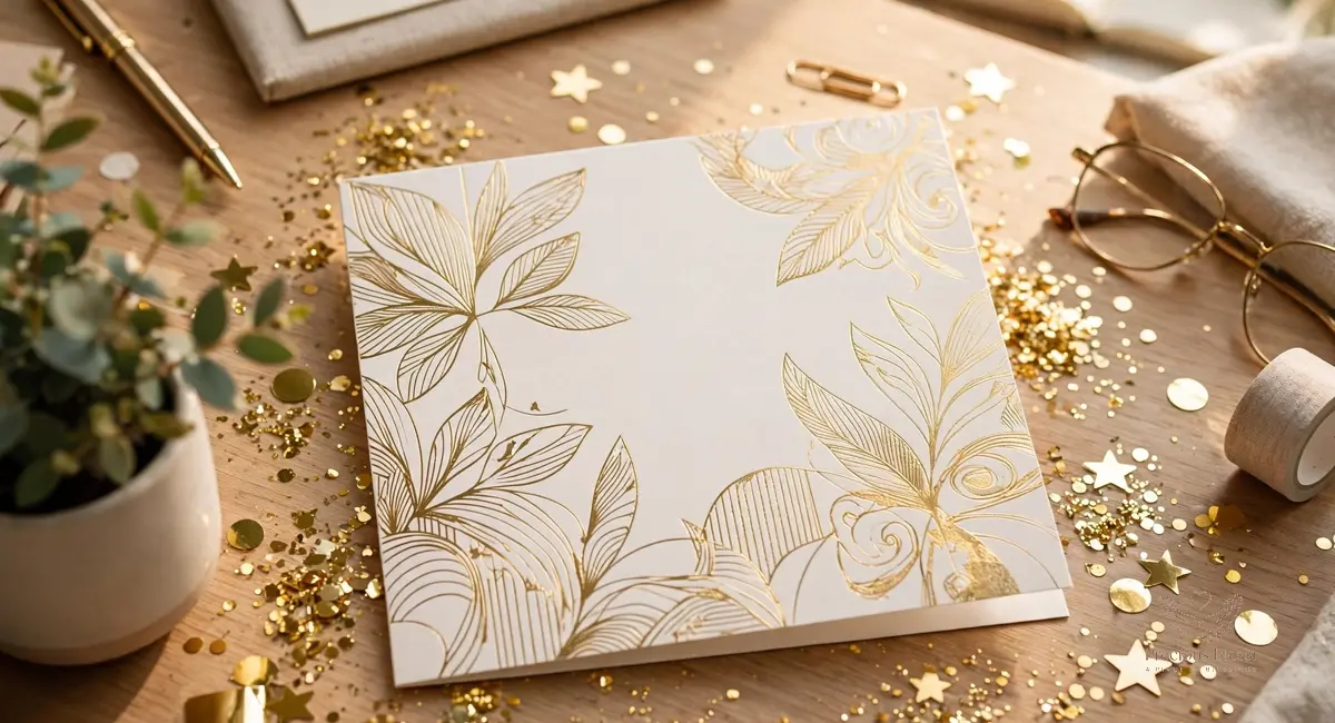 Congratulations wishes on promotion — a beautiful congratulations greeting card with gold confetti on an office desk