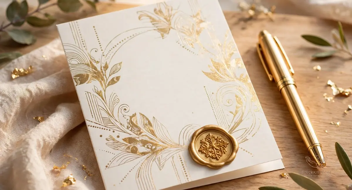 Short congratulations wishes on promotion — an elegant congratulations card with a gold seal and pen on a desk