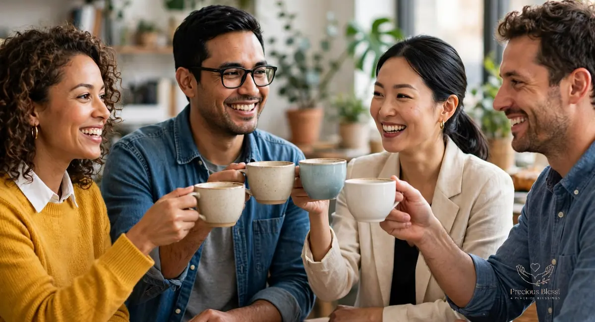 Heartfelt congratulations wishes on promotion — smiling colleagues warmly congratulating a happy coworker