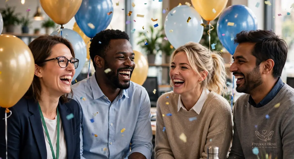 Congratulations wishes on promotion to a leadership role — laughing office colleagues celebrating a promotion with balloons