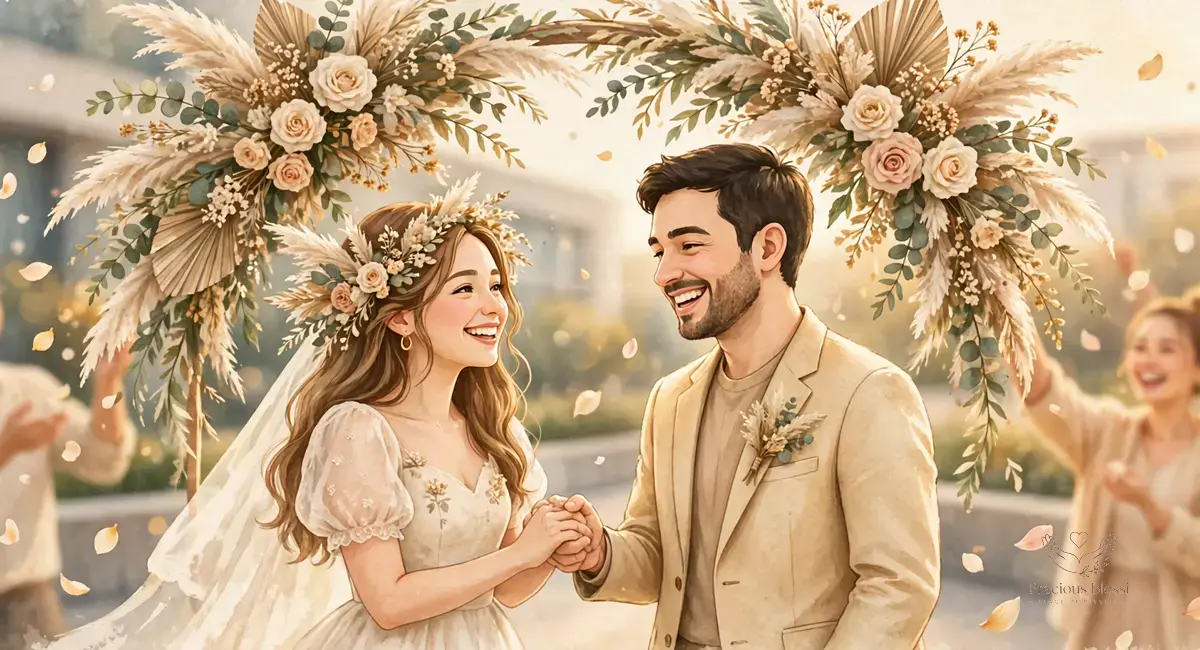 Wedding wishes for coworkers — joyful newlywed couple celebrating with office colleagues throwing confetti