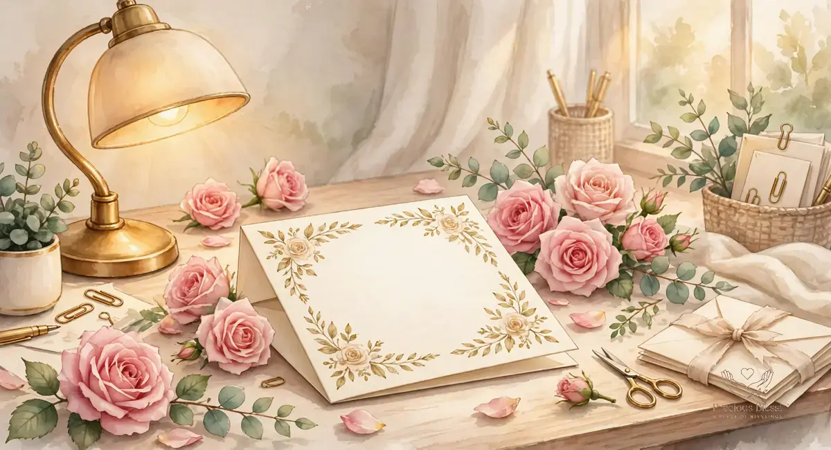 Short wedding wishes for coworkers — a beautiful wedding greeting card with pink roses on an office desk