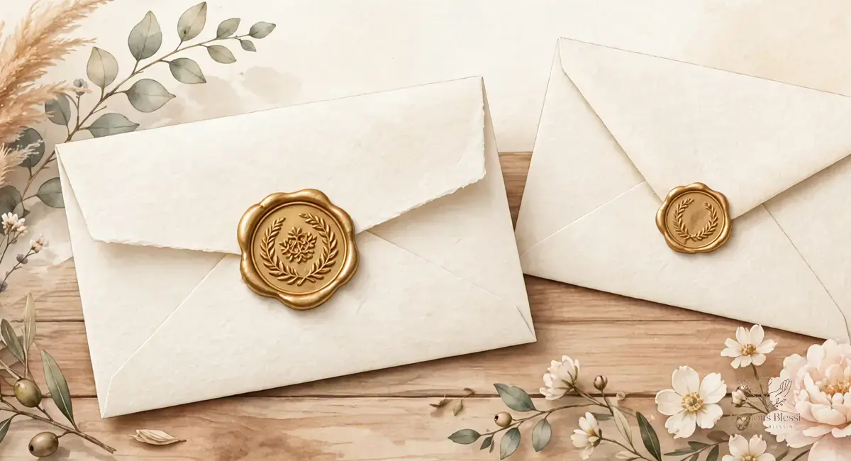 Formal wedding wishes for coworkers — an elegant wedding congratulations card with a gold wax seal
