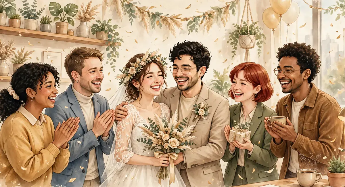 Heartfelt wedding wishes for coworkers — smiling colleagues congratulating a happy newlywed couple
