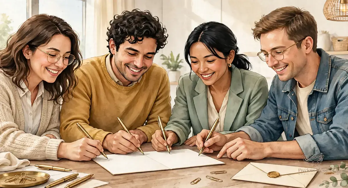 Wedding wishes for a new coworker — friendly colleagues signing a wedding card together in a bright office